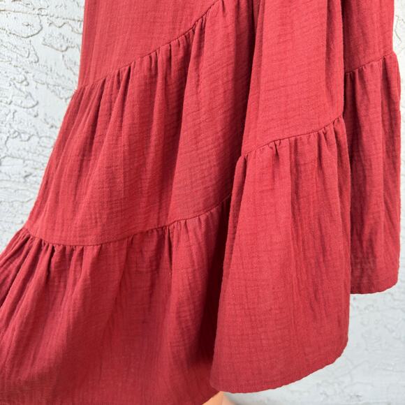 Drew XS Cotton Gauze Midi Shirt Dress Rust Tiered High Low Button Front Boho - Picture 5 of 12